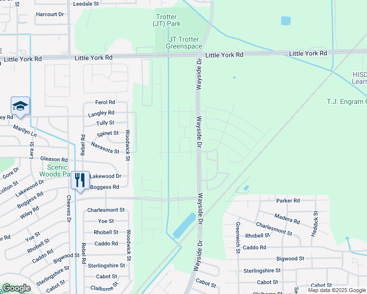 map of restaurants, bars, coffee shops, grocery stores, and more near North Wayside Drive in Houston