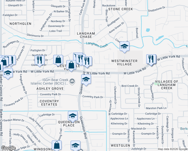 map of restaurants, bars, coffee shops, grocery stores, and more near 17138 Wilthorne Colony Court in Houston