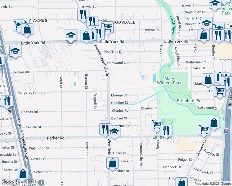 map of restaurants, bars, coffee shops, grocery stores, and more near 2320 Margaret Street in Houston