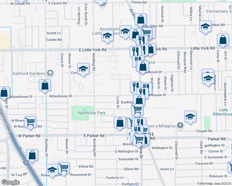 map of restaurants, bars, coffee shops, grocery stores, and more near 723 E Rittenhouse St in Houston