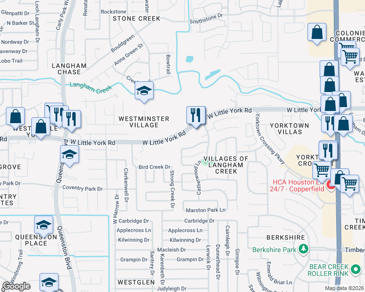 map of restaurants, bars, coffee shops, grocery stores, and more near 16650 Beckland Lane in Houston