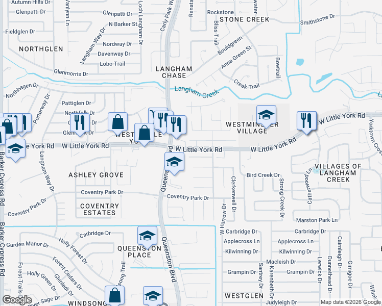 map of restaurants, bars, coffee shops, grocery stores, and more near 17138 Wilthorne Colony Court in Houston