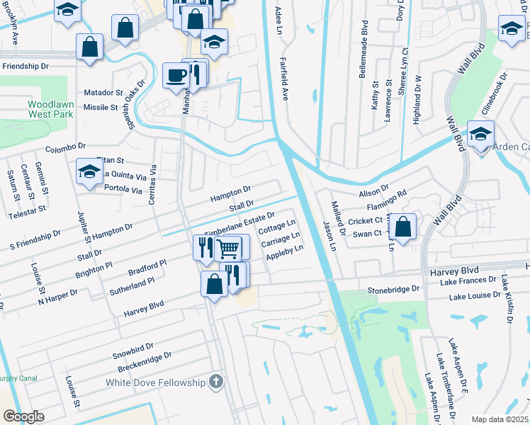 map of restaurants, bars, coffee shops, grocery stores, and more near 1705 Timberlane Estate Drive in Harvey