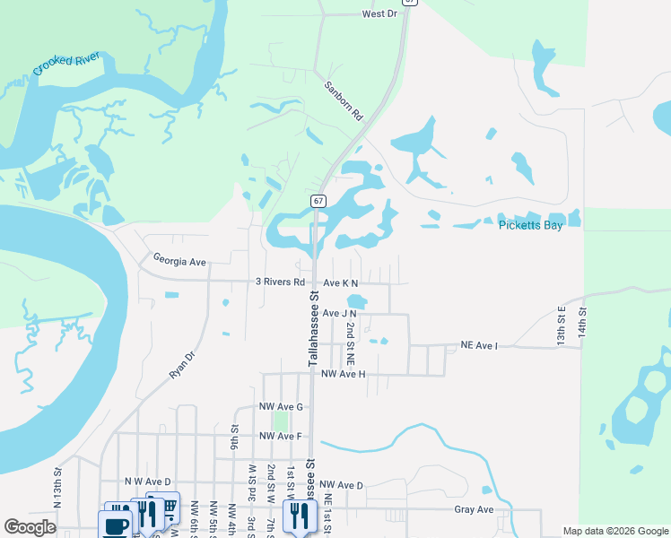 map of restaurants, bars, coffee shops, grocery stores, and more near 1209 2nd Street in Carrabelle