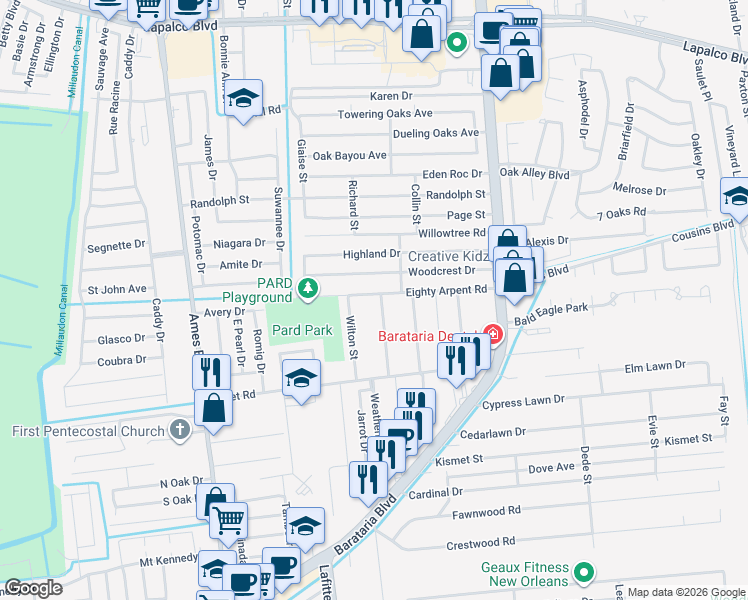 map of restaurants, bars, coffee shops, grocery stores, and more near 5136 Eighty Arpent Road in Marrero