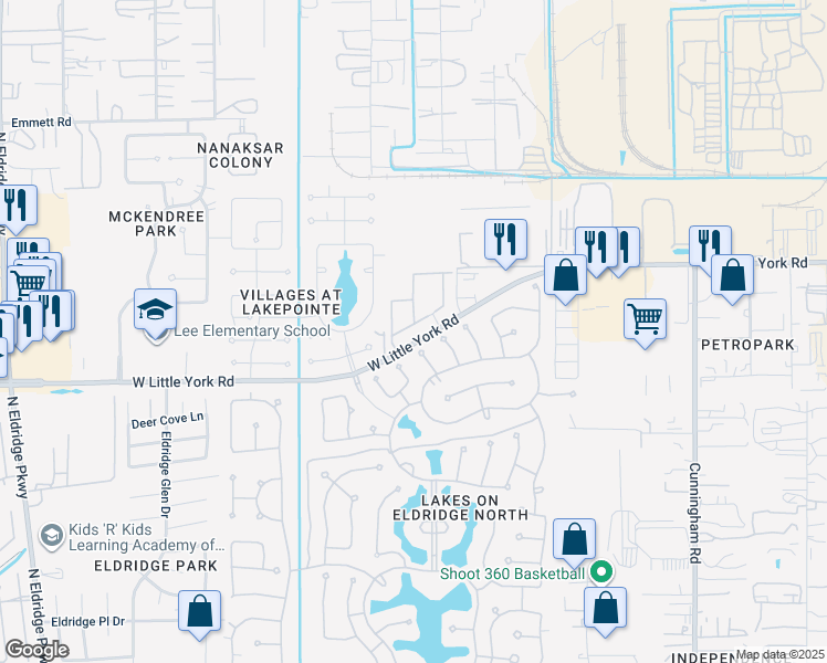 map of restaurants, bars, coffee shops, grocery stores, and more near 12410 West Little York Road in Houston