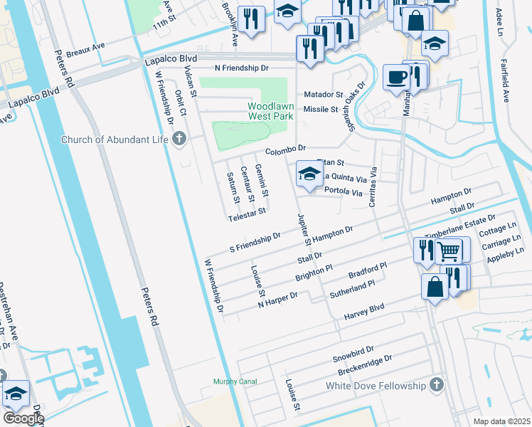 map of restaurants, bars, coffee shops, grocery stores, and more near 2247 Telestar Street in Harvey