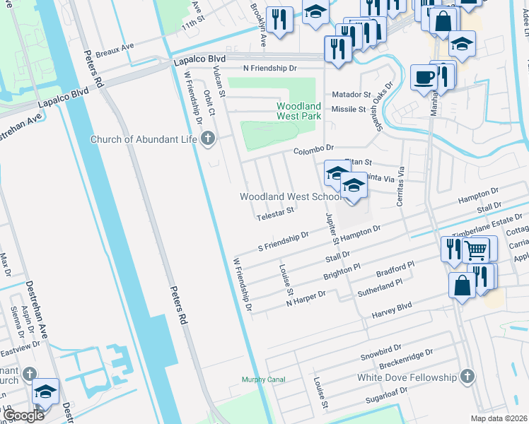 map of restaurants, bars, coffee shops, grocery stores, and more near 2278 Telestar Street in Harvey