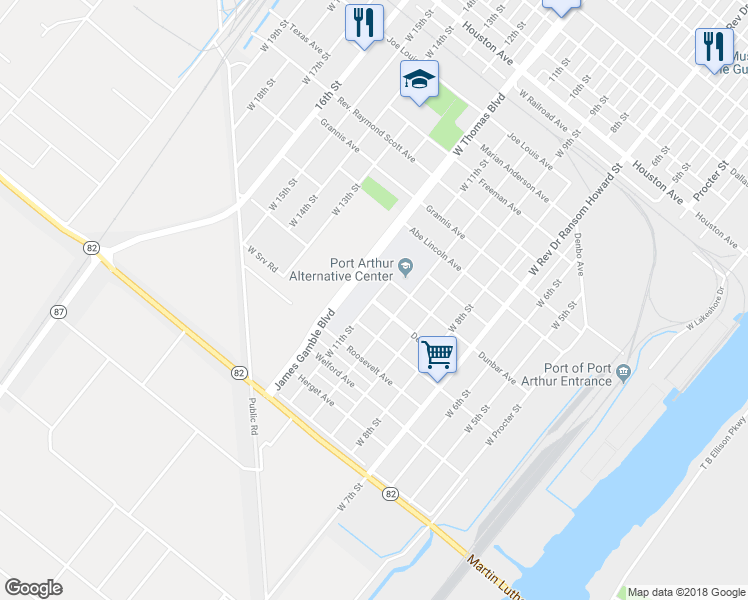 map of restaurants, bars, coffee shops, grocery stores, and more near 1000 West 11th Street in Port Arthur