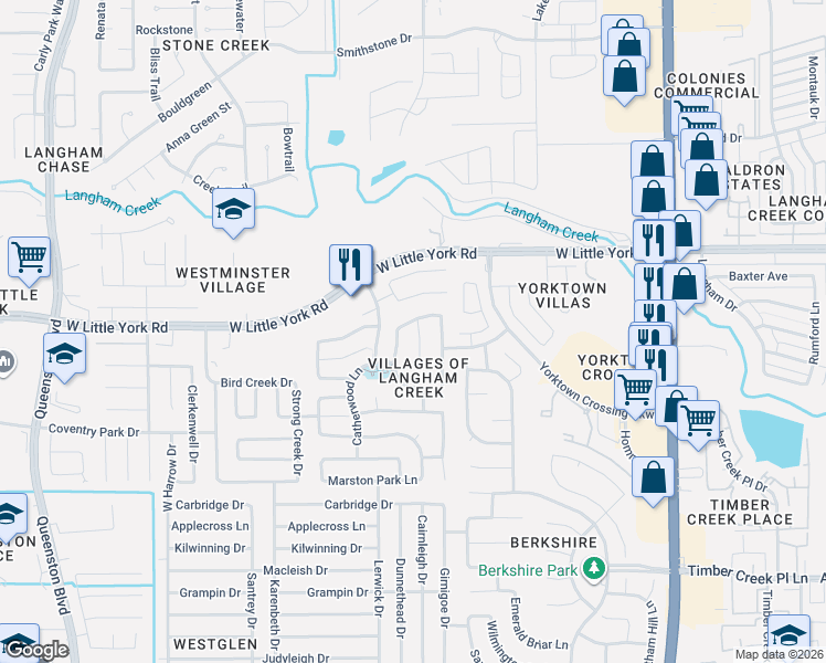 map of restaurants, bars, coffee shops, grocery stores, and more near 6039 Bassetdale Lane in Houston
