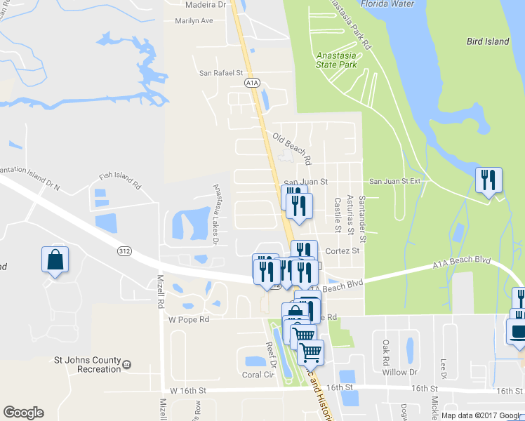 map of restaurants, bars, coffee shops, grocery stores, and more near 4 Grandview Road in St. Augustine
