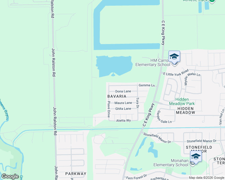 map of restaurants, bars, coffee shops, grocery stores, and more near 12215 Dona Lane in Houston