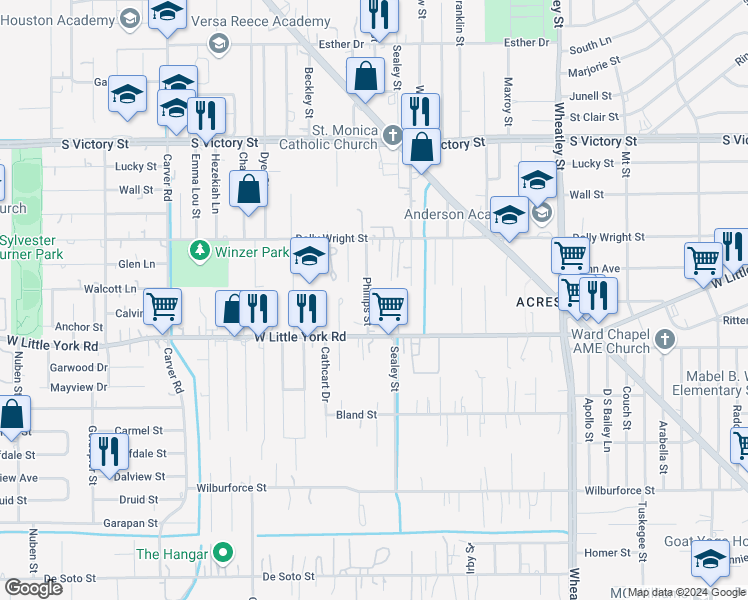 map of restaurants, bars, coffee shops, grocery stores, and more near 7110 Phillips Street in Houston