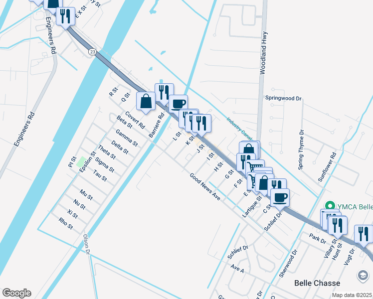 map of restaurants, bars, coffee shops, grocery stores, and more near 113 K Street in Belle Chasse
