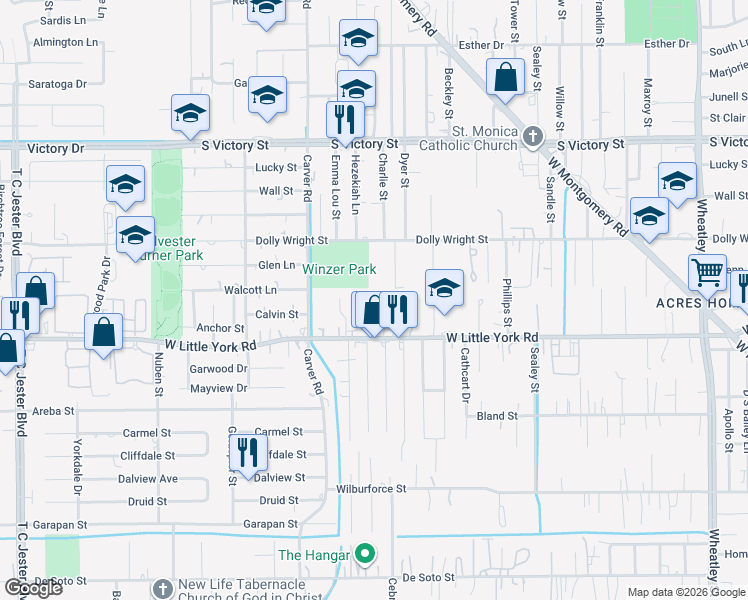 map of restaurants, bars, coffee shops, grocery stores, and more near 7029 Emma Lou Street in Houston
