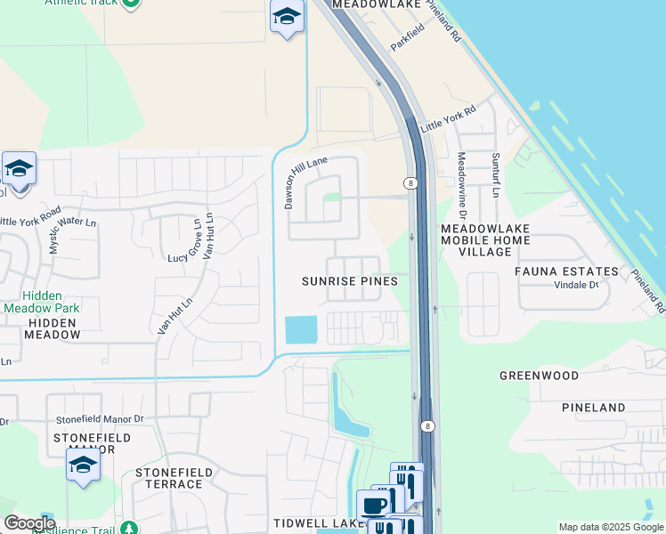 map of restaurants, bars, coffee shops, grocery stores, and more near 9614 Alex Springs Lane in Houston