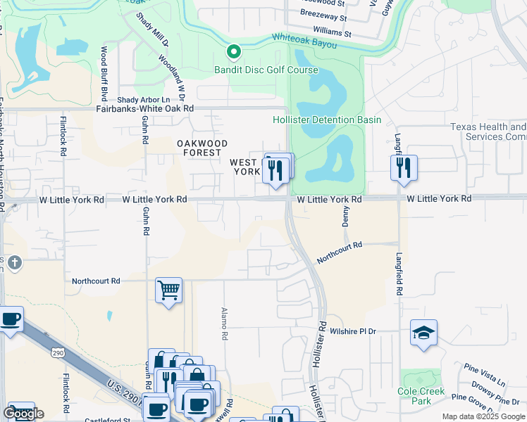 map of restaurants, bars, coffee shops, grocery stores, and more near 7701 West Little York Road in Houston