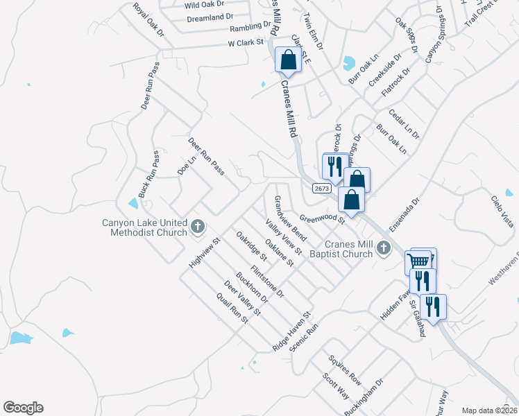 map of restaurants, bars, coffee shops, grocery stores, and more near 129 Valley View Street in Canyon Lake