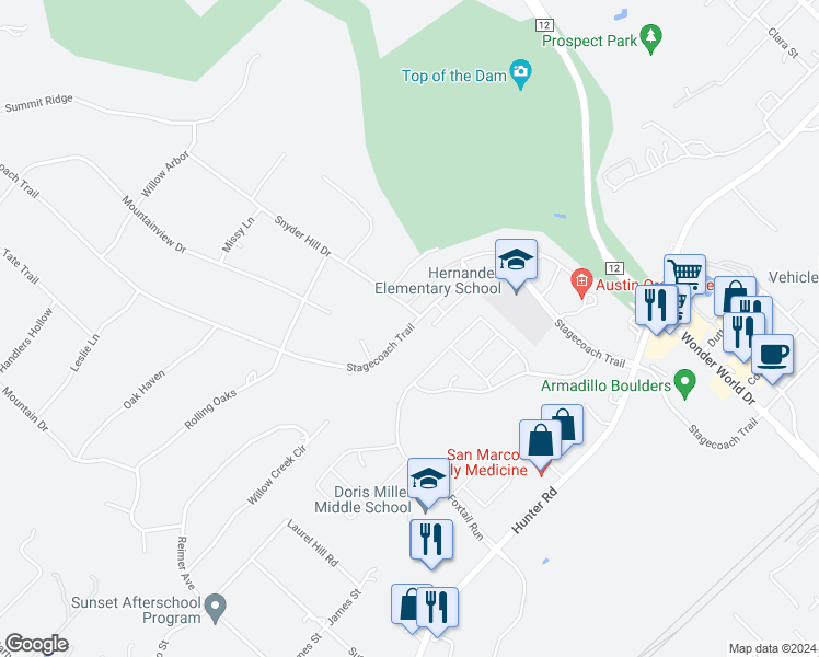 map of restaurants, bars, coffee shops, grocery stores, and more near Stagecoach Trail in San Marcos