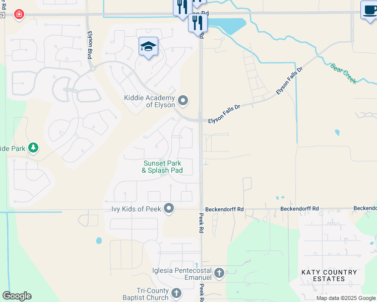 map of restaurants, bars, coffee shops, grocery stores, and more near 23015 Indigo Prairie Lane in Katy
