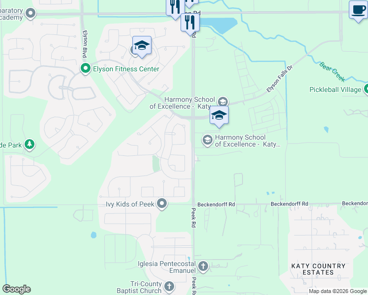 map of restaurants, bars, coffee shops, grocery stores, and more near 23015 Indigo Prairie Lane in Katy