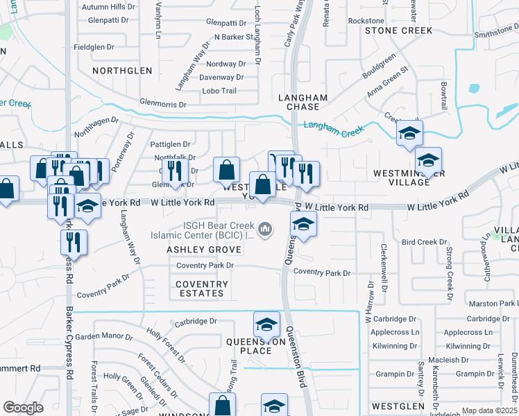 map of restaurants, bars, coffee shops, grocery stores, and more near 17337 West Little York Road in Houston