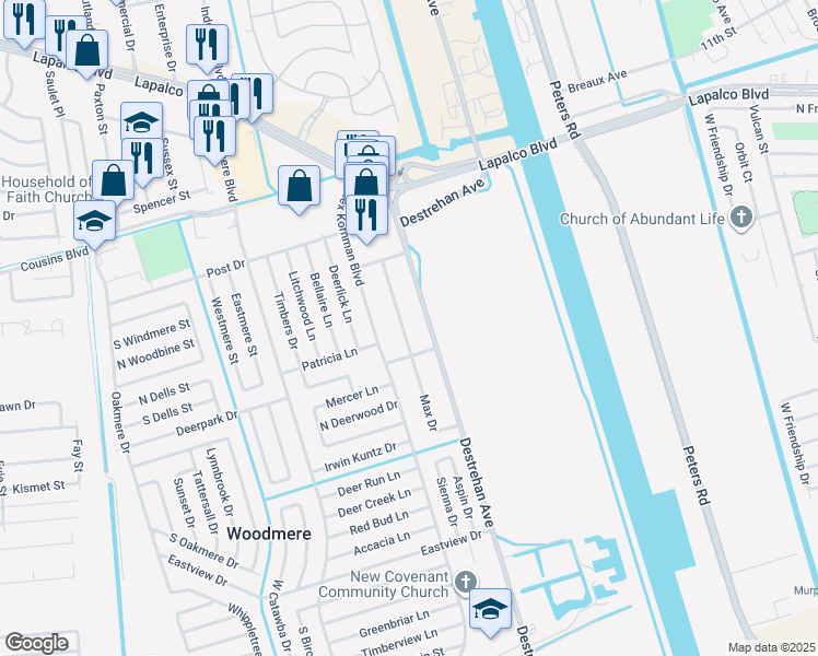 map of restaurants, bars, coffee shops, grocery stores, and more near 2717 Max Drive in Harvey