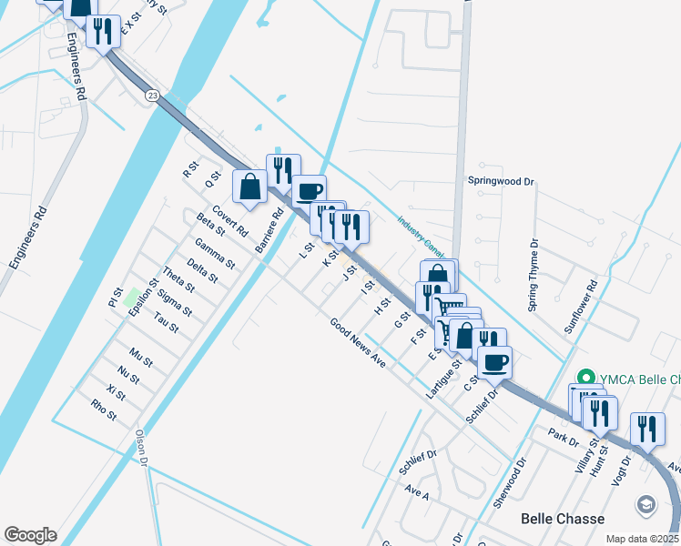 map of restaurants, bars, coffee shops, grocery stores, and more near 113 K Street in Belle Chasse