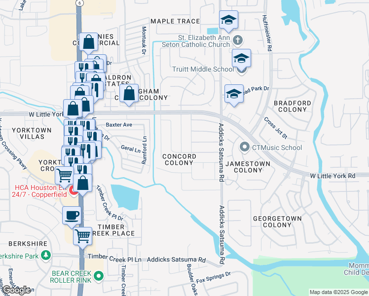 map of restaurants, bars, coffee shops, grocery stores, and more near 15042 Margeson Street in Houston