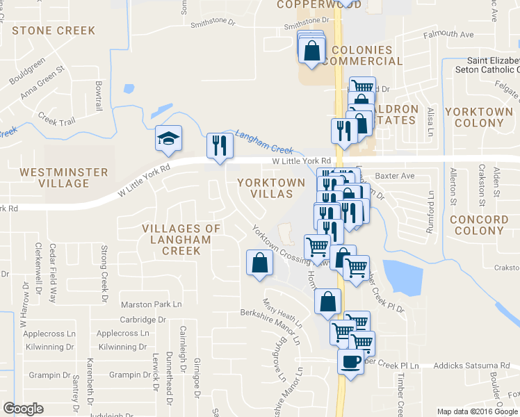 map of restaurants, bars, coffee shops, grocery stores, and more near 6042 Shelbourne Park Lane in Houston