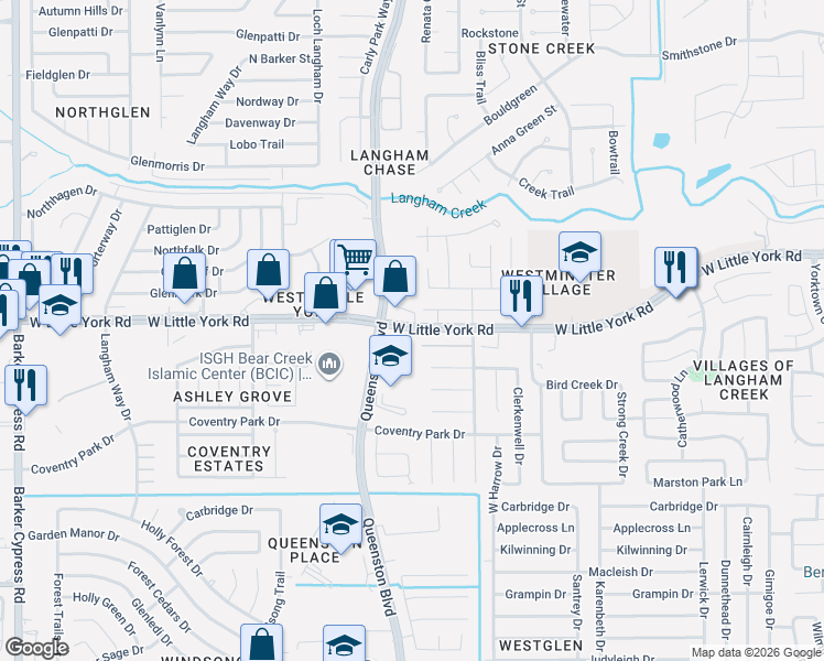map of restaurants, bars, coffee shops, grocery stores, and more near 17036 West Little York Road in Houston