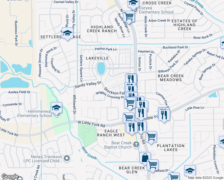 map of restaurants, bars, coffee shops, grocery stores, and more near 6118 Lone Prairie Way in Katy
