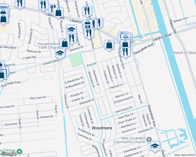 map of restaurants, bars, coffee shops, grocery stores, and more near 2301 Eastmere Street in Harvey