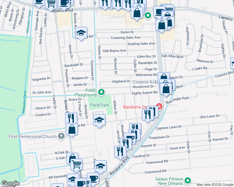 map of restaurants, bars, coffee shops, grocery stores, and more near 5136 Eighty Arpent Road in Marrero