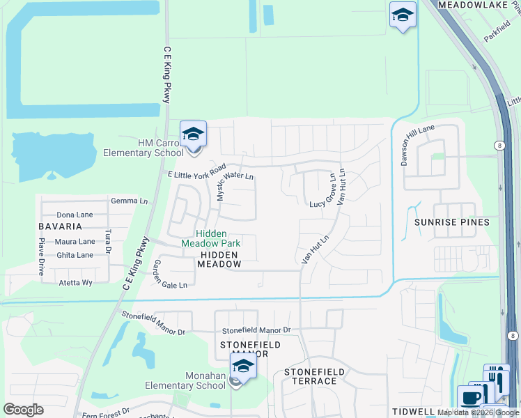 map of restaurants, bars, coffee shops, grocery stores, and more near 10018 Copper Hollow Lane in Houston