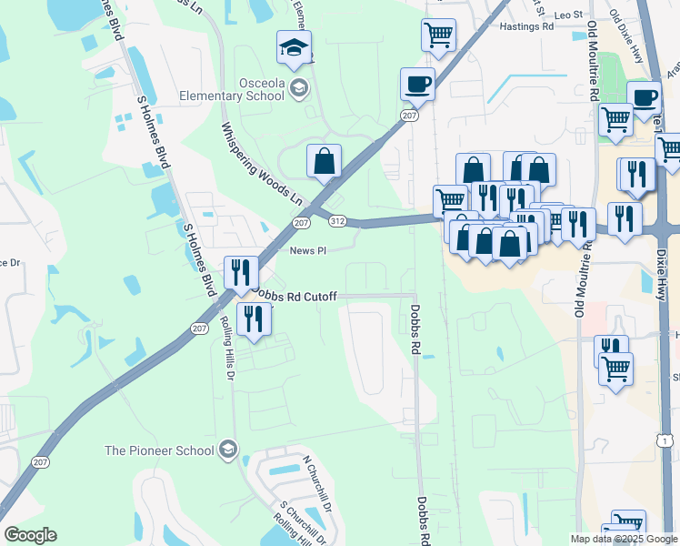 map of restaurants, bars, coffee shops, grocery stores, and more near 77 Whitland Way in St. Augustine