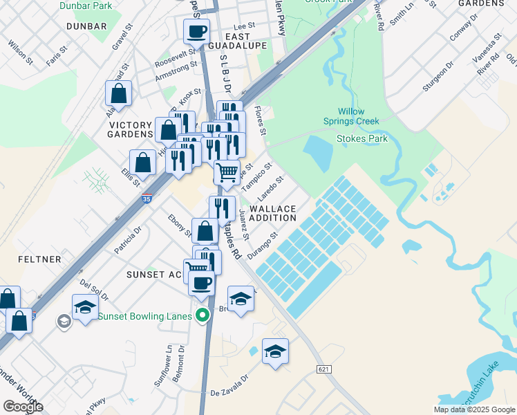 map of restaurants, bars, coffee shops, grocery stores, and more near 300 Laredo Street in San Marcos