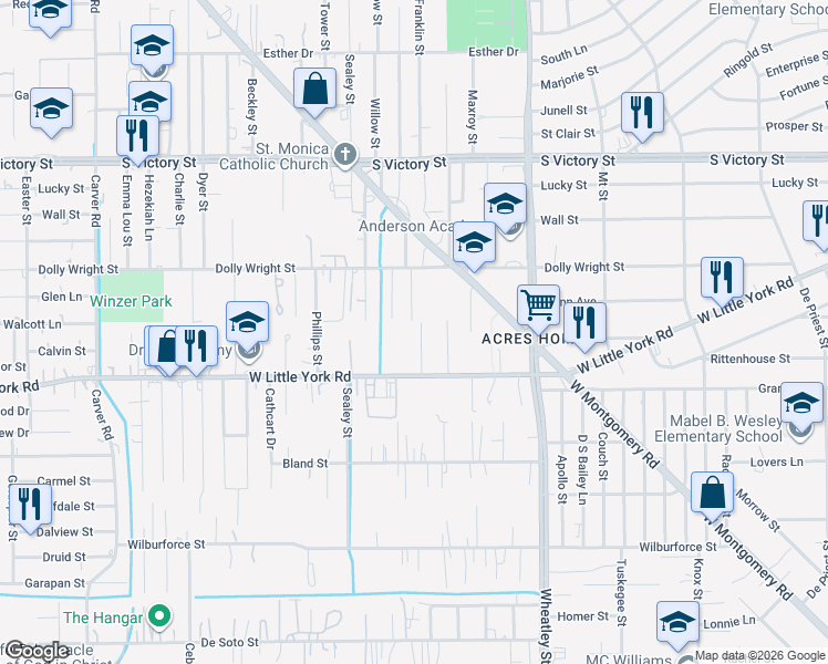 map of restaurants, bars, coffee shops, grocery stores, and more near 7200 Windemere Street in Houston