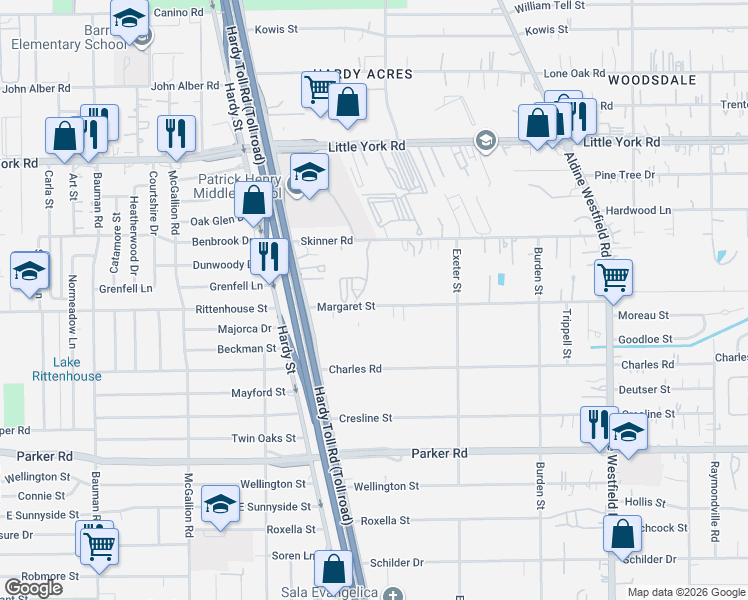 map of restaurants, bars, coffee shops, grocery stores, and more near 1635 Margaret Street in Houston