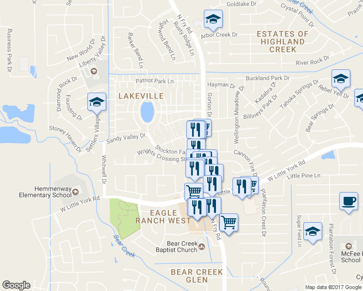 map of restaurants, bars, coffee shops, grocery stores, and more near 6117 Elton Knolls Street in Katy