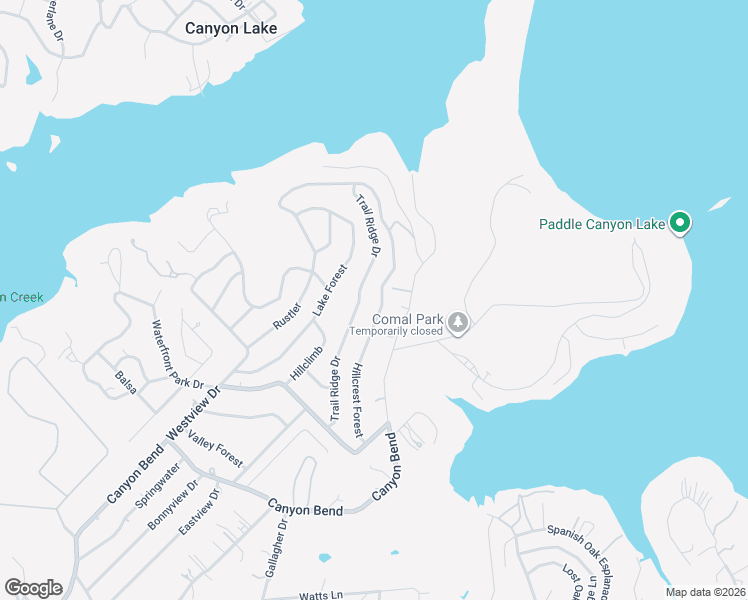 map of restaurants, bars, coffee shops, grocery stores, and more near 1392 Hillcrest Forest in Canyon Lake