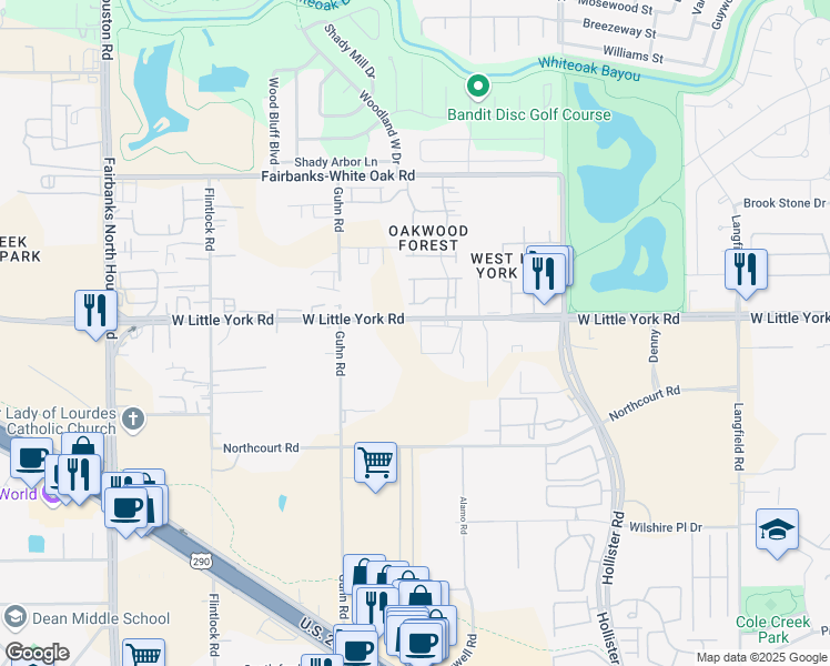 map of restaurants, bars, coffee shops, grocery stores, and more near 7969 West Little York Road in Houston