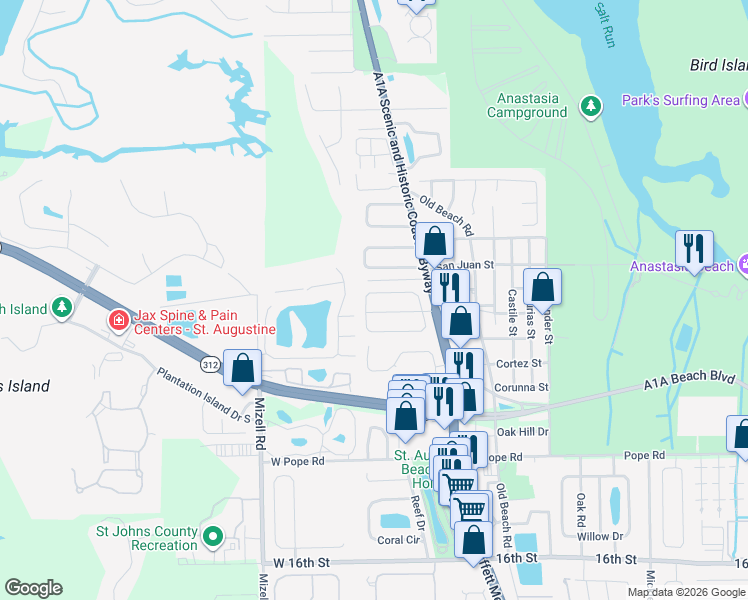 map of restaurants, bars, coffee shops, grocery stores, and more near 121 Southwind Circle in St. Augustine