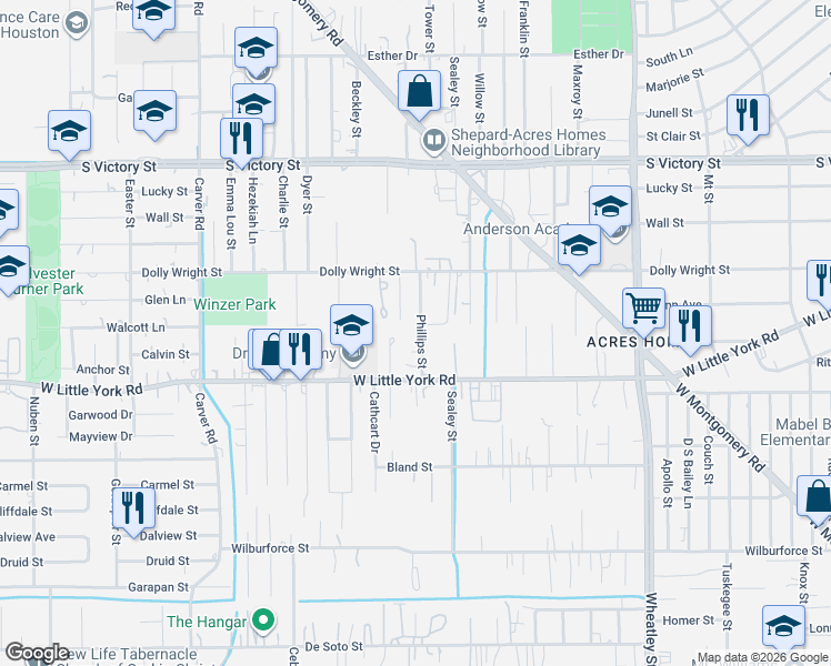 map of restaurants, bars, coffee shops, grocery stores, and more near 7110 Phillips Street in Houston