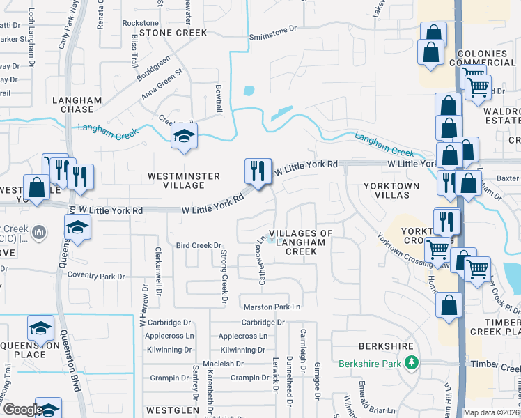 map of restaurants, bars, coffee shops, grocery stores, and more near 16611 West Little York Road in Houston