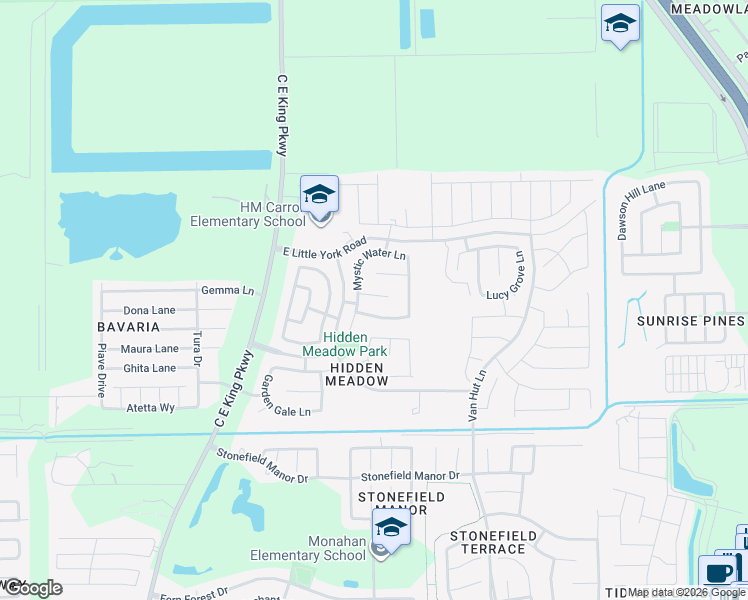 map of restaurants, bars, coffee shops, grocery stores, and more near 12718 Blue Timbers Court in Houston