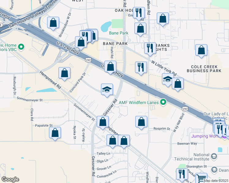 map of restaurants, bars, coffee shops, grocery stores, and more near 6707 Gessner Road in Houston