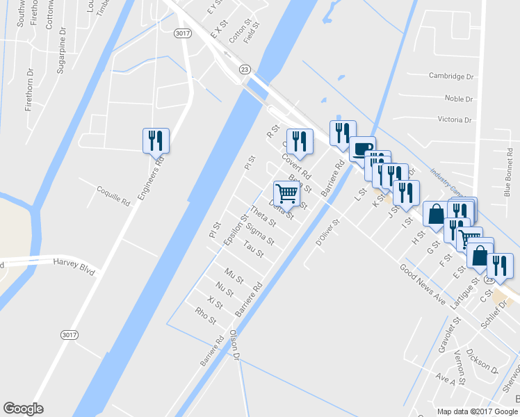map of restaurants, bars, coffee shops, grocery stores, and more near 123 Theta Street in Belle Chasse