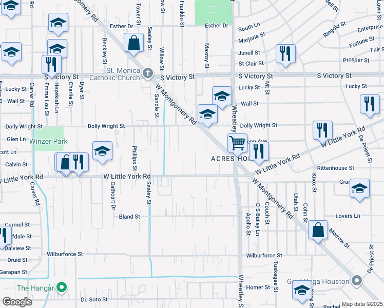 map of restaurants, bars, coffee shops, grocery stores, and more near 7047 Smilax Street in Houston
