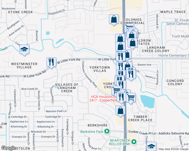 map of restaurants, bars, coffee shops, grocery stores, and more near 6042 Shelbourne Park Lane in Houston